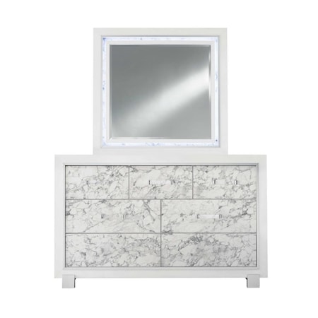 Gfancy Fixtures Modern Dresser with 7 Faux Marble Detailed Front Drawer, White GF3661213